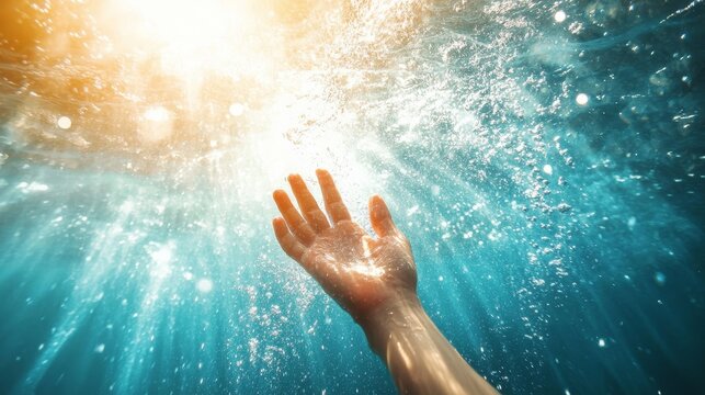Baptism  a spiritual rebirth represented by a hand reaching through water splashes