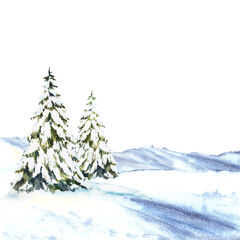 Winter Landscape with snow covered green spruces firs. Snowy Hills, snowdrifts and frosty evergreen forest. Hand drawn watercolor illustration isolated from the background. Clipart for holiday card. 