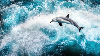 Obraz premium Dolphin leaping ocean waves aerial view travel poster