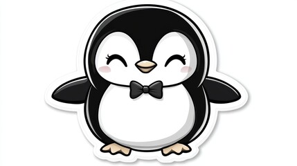 Obraz premium Happy penguin cartoon character illustration, wearing a bow tie against a white background, perfect for children's products or greeting cards
