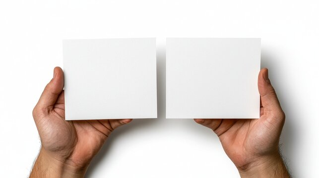 Hands Holding Two Blank White Cards on White Background