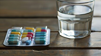 Colorful capsules in a pill organizer on a wooden table with a glass of water, representing daily medication routine for chronic illness management and health care.
