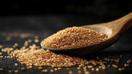 Brown sugar crystals in wooden spoon on dark surface
