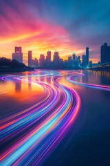 A river with colorful light trails flowing over the water, symbolizing fast performance and speed in technology. The background is a city at sunrise. The colors of reds, blues, oranges, and yellows