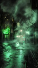 Naklejka premium Mysterious Urban Alleyway at Night, Neon Lights in Foggy City Streets