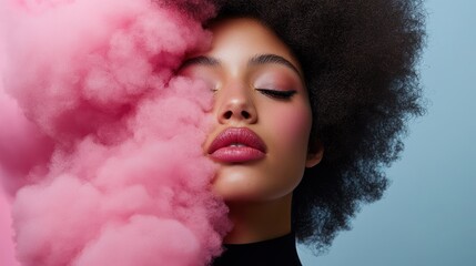 Naklejka premium A close-up portrait of a person with an afro, surrounded by pink smoke against a blue background.