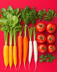 Fresh farm vegetables including carrots, tomatoes, and greens on red