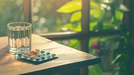 Colorful capsules in a pill organizer on a wooden table with a glass of water, representing daily medication routine for chronic illness management and health care.
