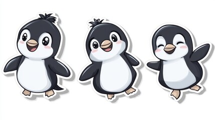 Three cute cartoon penguins joyfully posing on a white background, ideal for children's books or stickers