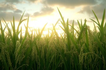 Obraz premium A field of rice with the sun shining on it
