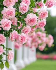 Blooming pink roses create stunning garden arch, evoking tranquility and beauty