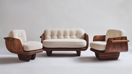 Mid-Century Modern Walnut Wood and Upholstered Sofa and Armchair Set