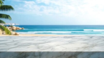 Fototapeta premium Empty marble tabletop with blurred beach in the background for product display and nature concept.