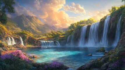 Serene waterfall pool, mountain backdrop, sunset, nature