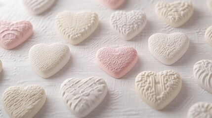Fototapeta premium Heart Shaped Decorative Pieces on White Cloth, Festive Decor and Romantic Gift Ideas