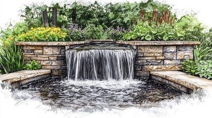 Serene Waterfall Landscape: Stone Garden Design, Nature's Tranquility