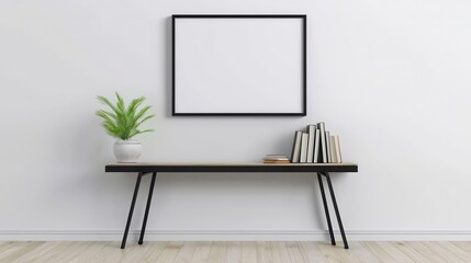Modern Minimalist Interior Decor with Blank Frame and Bookshelf