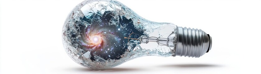 A shattered lightbulb with a tiny galaxy inside, conceptual photorealism, isolated on white background