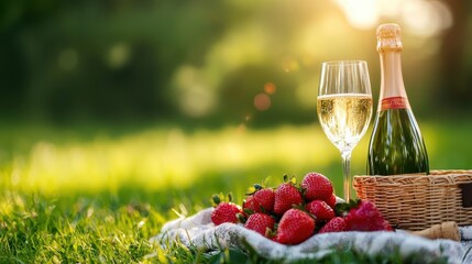 A sparkling wine bottle with a glass beside fresh strawberries on a picnic blanket, set against a sunlit green background.