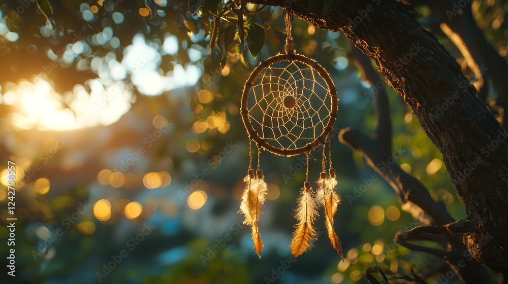 Poster a dreamcatcher adorned with soft feathers hangs gracefully from a tree branch. warm sunlight bathes 
