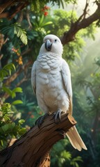 Obraz premium White parrot perched on a gnarled wooden branch in a vibrant jungle environment, white parrot, dense vegetation, outdoor adventure