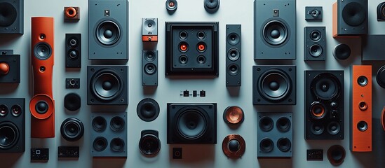 Obraz premium A vibrant display of various speaker models arranged artistically on a wall, showcasing sound technology