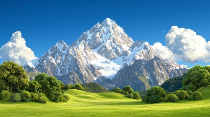 Fototapeta premium Snow Capped Mountain Peak Under A Vibrant Blue Sky