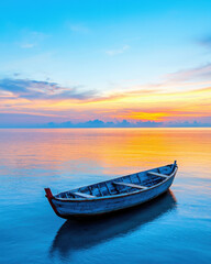 Fototapeta premium traditional wooden fishing boat anchored in calm waters at sunset