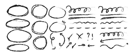 hand draw marker pen strokes brush set. Marker lines isolated on transparent background. Hand drawn highlight, arrows, text underline strokes and emphasis marks. Brush elements for notes and underlini