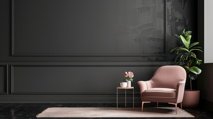 Minimalist Deep Charcoal Grey Interior Living Room with Dusty Rose Armchair, Stylish Setup