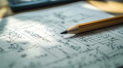 A close-up of a math paper with complex equations and geometric shapes, a pencil lying beside it on the desk, emphasizing mathematical precision and focus. The background is blurred to emphasize