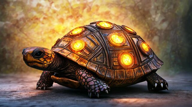 Futuristic robotic turtle featuring glowing orange shell illumination, blending organic morphology with mechanical components against clean white background