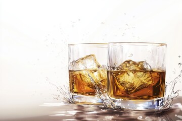 Whiskey, ice, splash, glasses, drinks, bar, background, white, alcohol, advertising