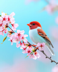 Fototapeta premium vibrant bird perched on cherry blossom branch, surrounded by delicate flowers