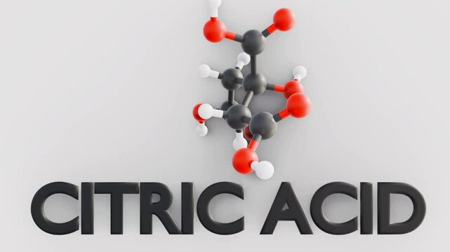 A 3D animation of the structure of a citric acid molecule. The tribasic nature contributes to its sour taste and its use as a natural preservative and flavor enhancer in foods and beverages.