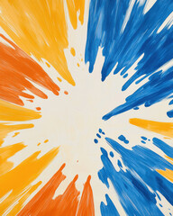 Vibrant explosion of orange and blue paint strokes on white background