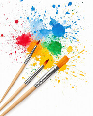 Fototapeta premium Vibrant paint splatters with brushes creating colorful artistic scene