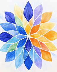 Vibrant geometric mandala with colorful petals in blue, orange, and yellow hues