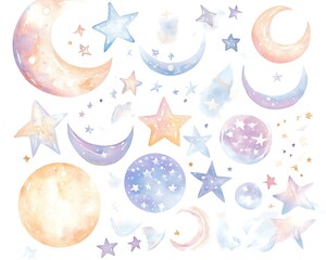Watercolor Whimsical watercolor stars and moons in various colors and shapes.