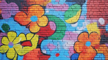 Vibrant Brick Wall Mural: A captivating close-up of a colorful brick wall mural adorned with large, vibrant flowers in various shades of orange, yellow, red, and blue.
