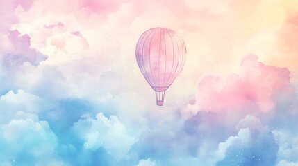 Obraz premium Watercolor A dreamy hot air balloon soaring through colorful clouds at sunrise or sunset.