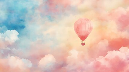 Fototapeta premium Watercolor A dreamy hot air balloon floating amidst pastel-colored clouds.