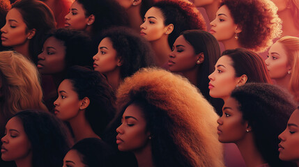 Obraz premium A vibrant and colorful illustration of five women with diverse hairstyles, skin tones, and glasses, all smiling brightly. Each woman is dressed in a different colored top, set against a warm yellow ba