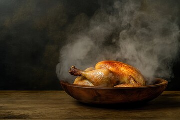 Juicy Roast Chicken on Wooden Plate with Steaming Aromas in Dark Kitchen Background