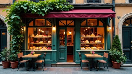 Charming European-style pastry shop with inviting outdoor seating, showcasing delectable desserts through illuminated display windows and lush greenery