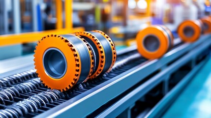 Industrial Conveyor System with Orange Roller Components in Factory