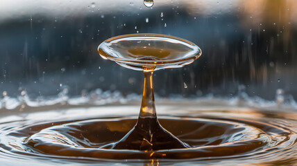 A single raindrop turning into a cascade of golden liquid.