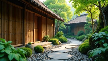 Obraz premium Serene Bamboo Structure with Pebbled Stepping Stones Path in a Lush Garden