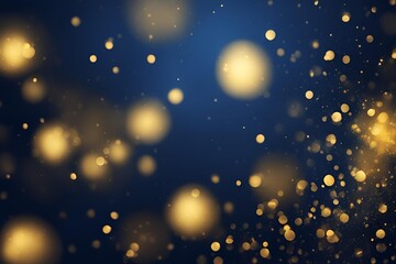 Fototapeta premium Abstract dark blue and gold particle background with Christmas golden light bokeh, shining particles on navy blue, gold foil texture, festive holiday concept