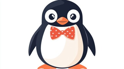 Obraz premium Penguin in a Bowtie: A charming penguin sporting a red polka-dotted bowtie, with big, expressive eyes and a cheerful demeanor.